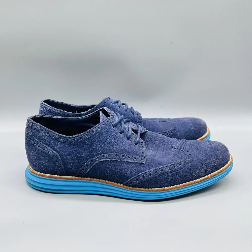 Cole Haan Shoes Mens 10.5 Blue Suede Lunargrand Wingtip Oxford Dress Brogue